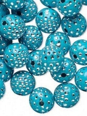 20 Retro Turquoise & Silver Polka Dot 10mm Round Beads